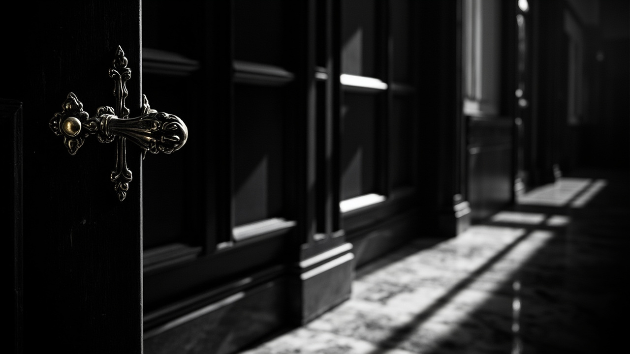 Closed wooden courthouse doors with brass hardware in dim hallway lighting