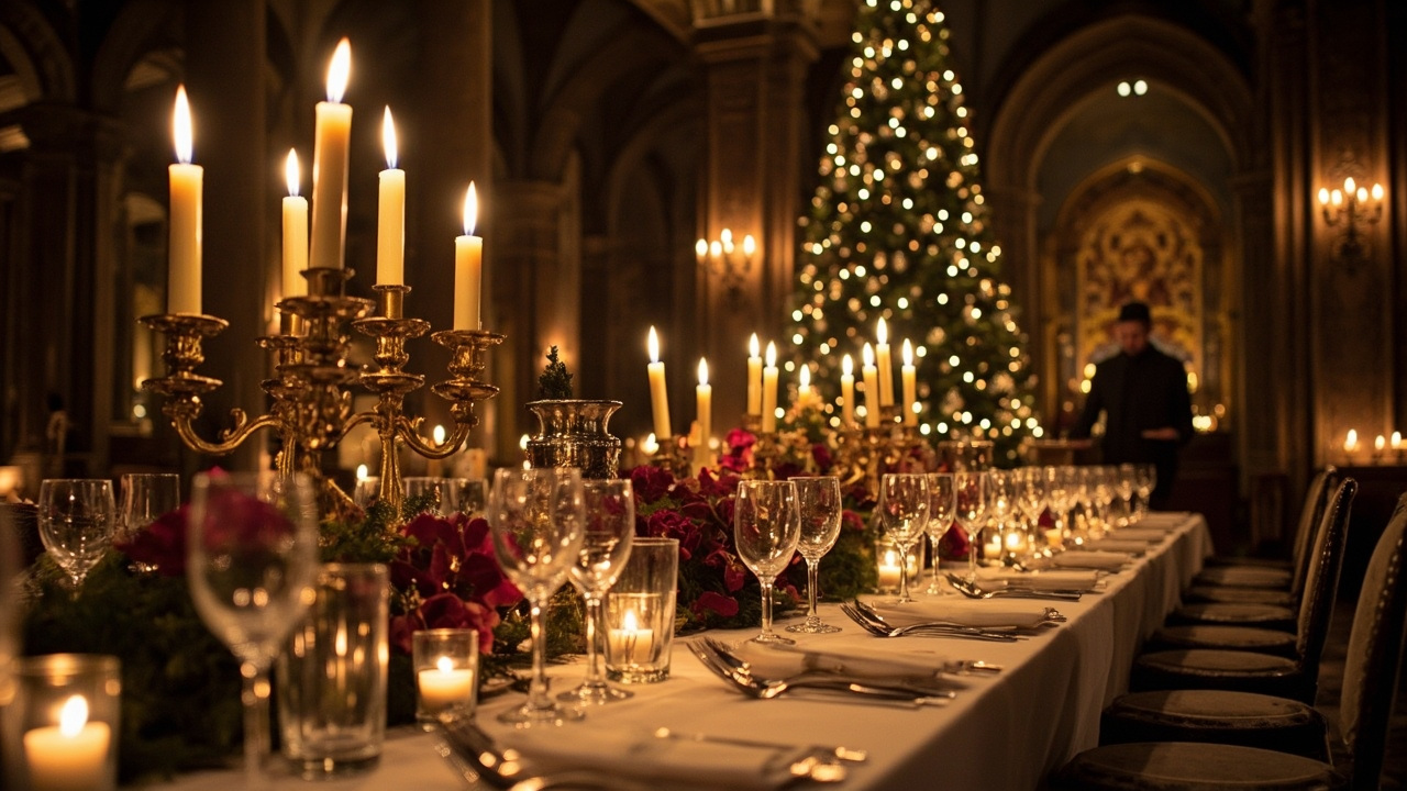 Ornate banquet table with crystal, silverware, and Christmas tree in historic castle hall