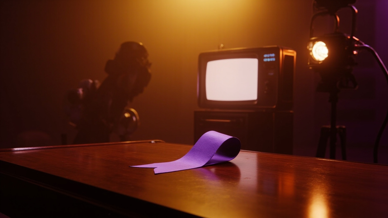 Purple cancer awareness ribbon on wooden desk with vintage microphone and soft studio lighting in background