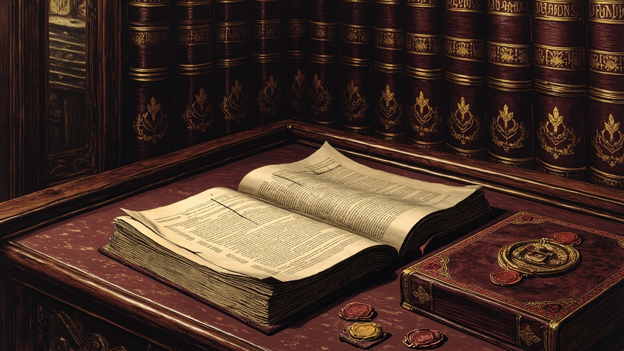 Antique leather registry book with royal crests and ceremonial medals beside it on polished wooden desk