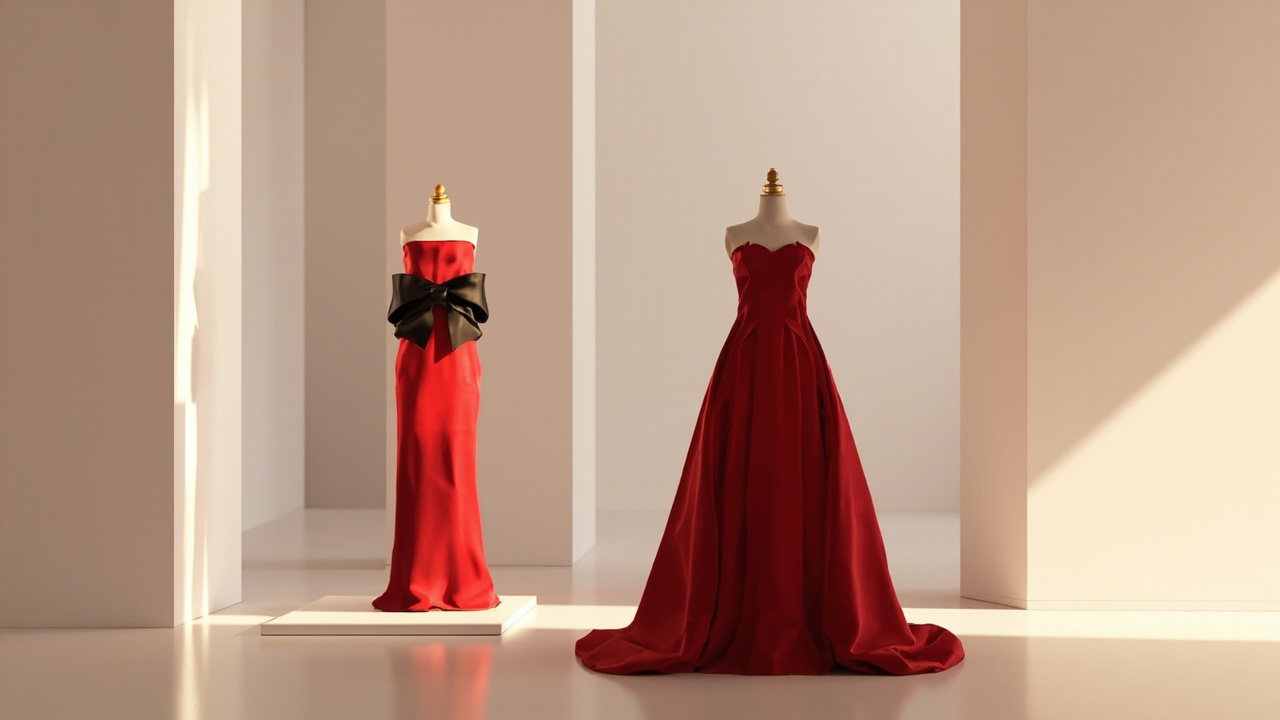Two red gowns with black bows on white pedestals in minimalist gallery space