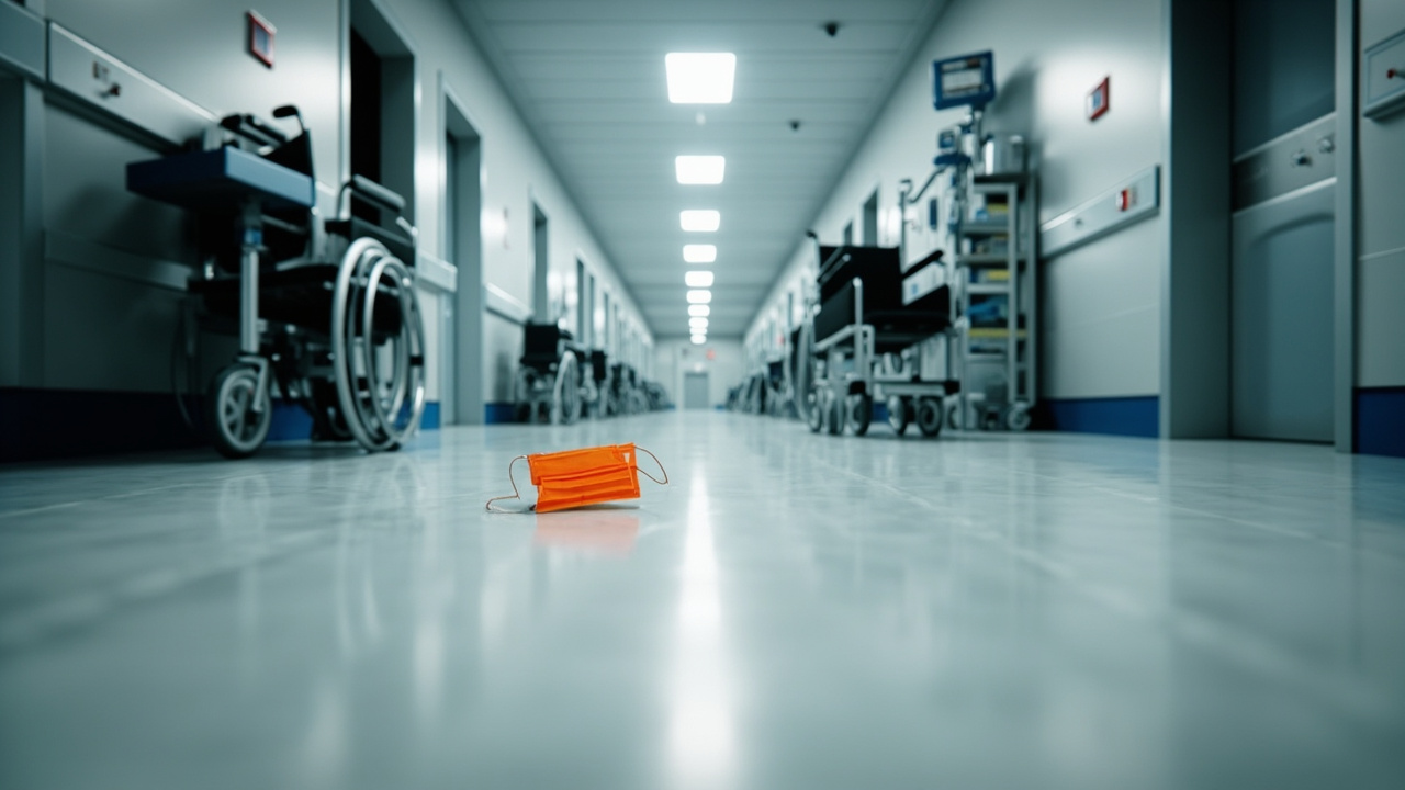 Empty hospital corridor with orange safety equipment and closed doors under fluorescent lighting