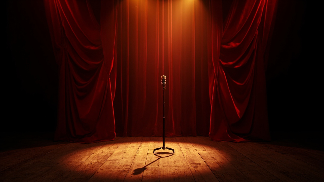 Lone microphone stand on empty theater stage with red velvet curtains and dramatic spotlight creating long shadows