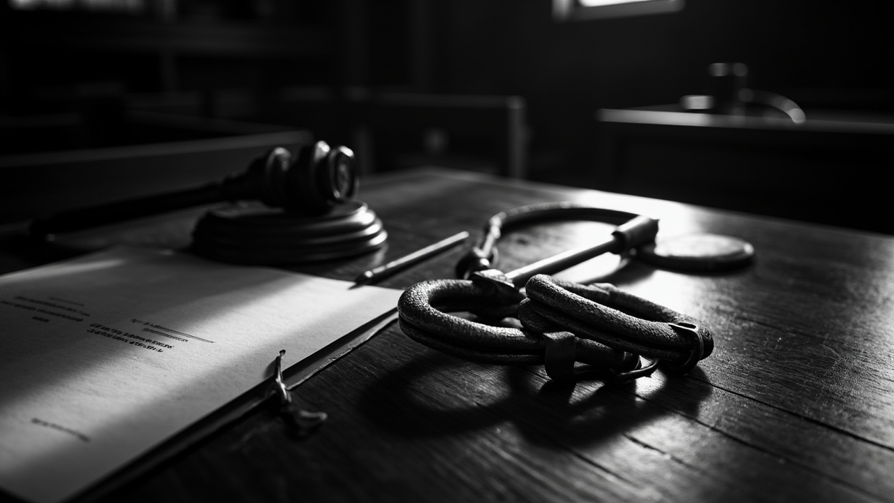 Iron shackles rest on wooden courtroom table beside open legal documents and a judge's gavel in dim light