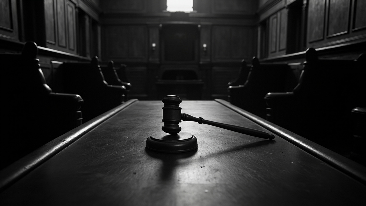 Wooden gavel resting on dark courtroom bench under stark overhead lighting with deep shadows