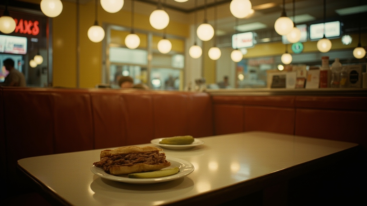 Pastrami sandwich on white plate in classic New York deli booth with retro lighting and checkered floor