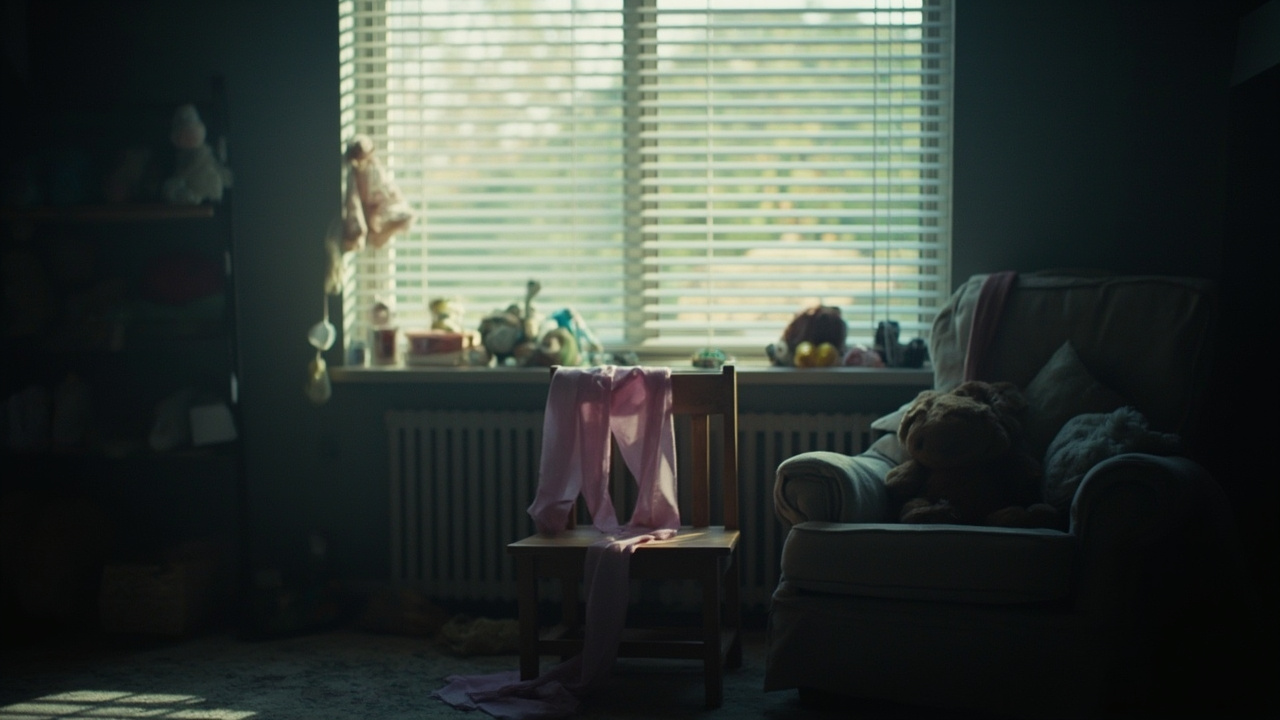 Empty chair with pink ribbon in sunlit room with Christmas decorations and toys on windowsill