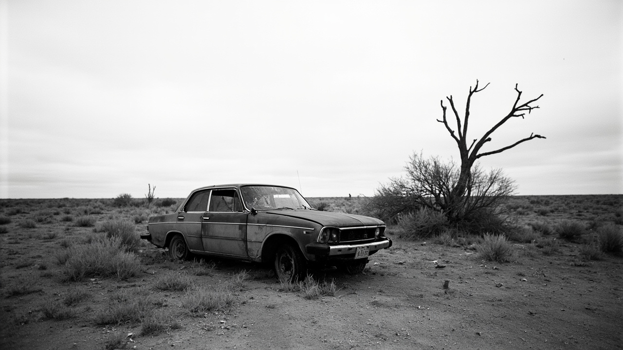 Vehicle abandoned in remote pasture treeline under overcast New Mexico sky, surrounded by sparse desert vegetation