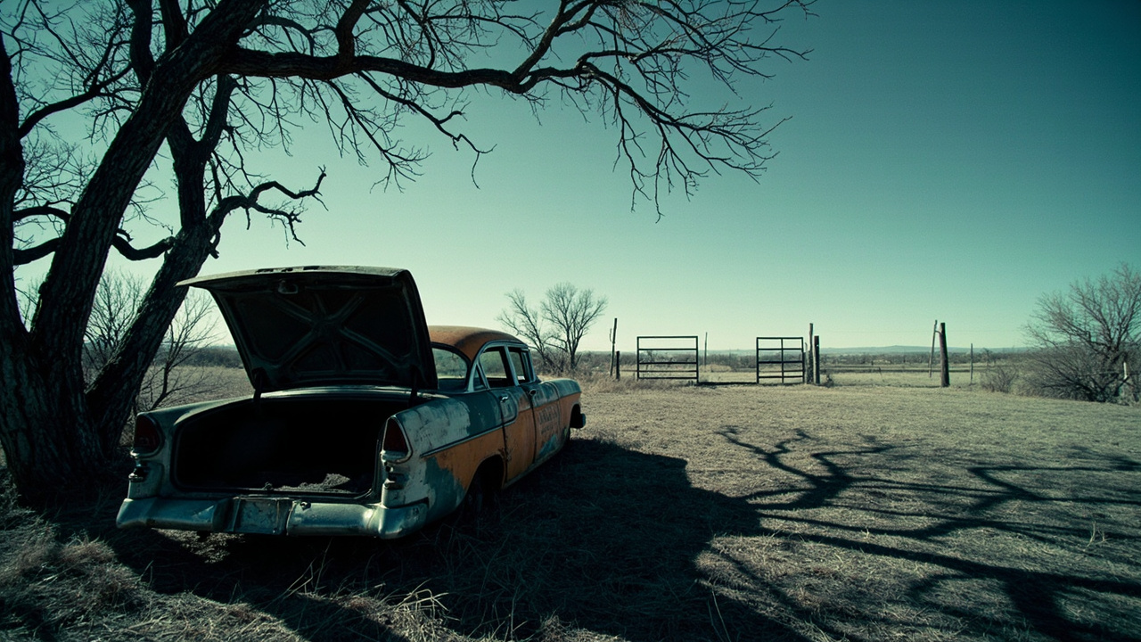 Abandoned sedan with open trunk beside bare trees at edge of remote pasture under overcast winter sky