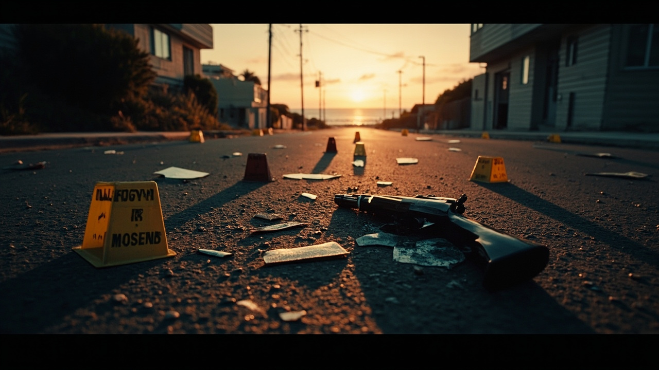 Abandoned firearm on empty asphalt road with forensic markers and coastal skyline in background at dusk