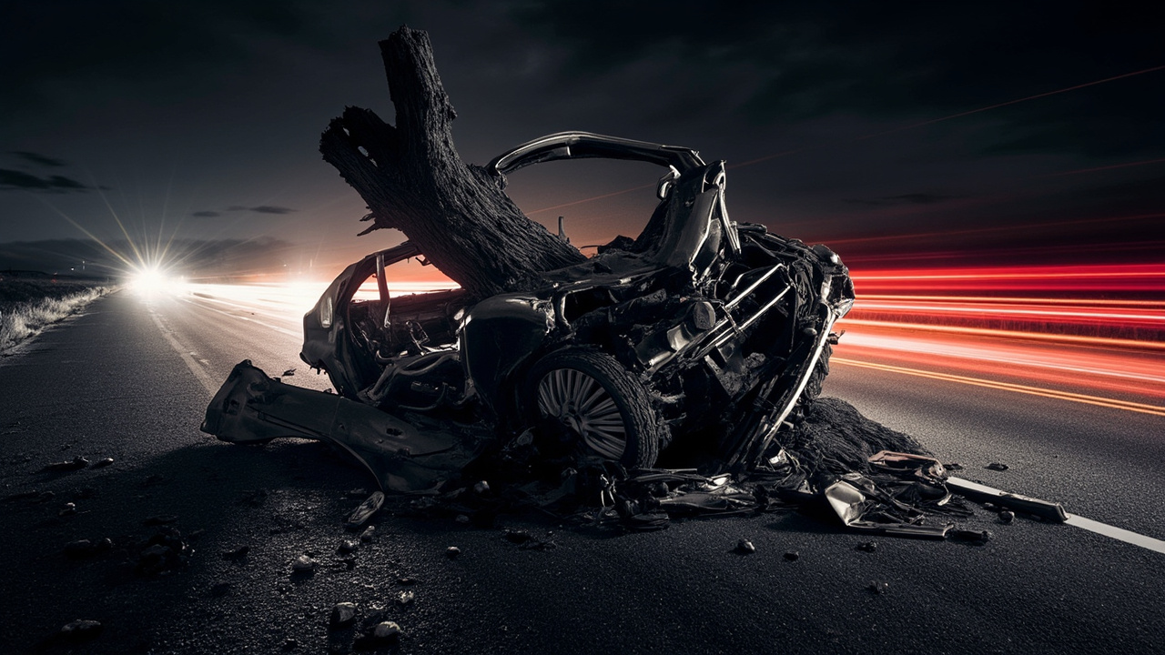 Crashed car embedded in tree at highway intersection with emergency lights illuminating debris field at dawn