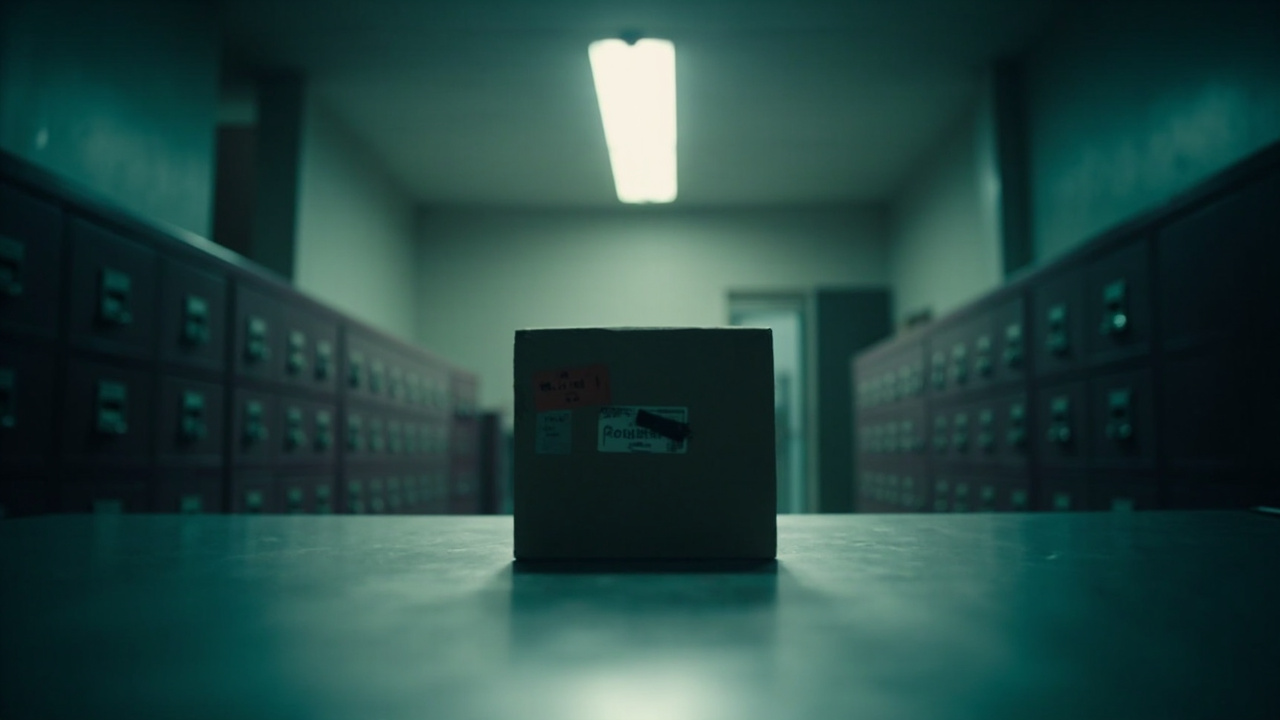 Closed manila folder with evidence tags sits alone on steel desk in stark government office with filing cabinets