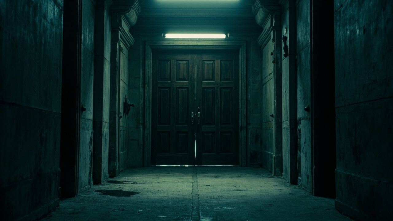 Heavy wooden government doors in a stark concrete hallway with dramatic shadows and cold lighting
