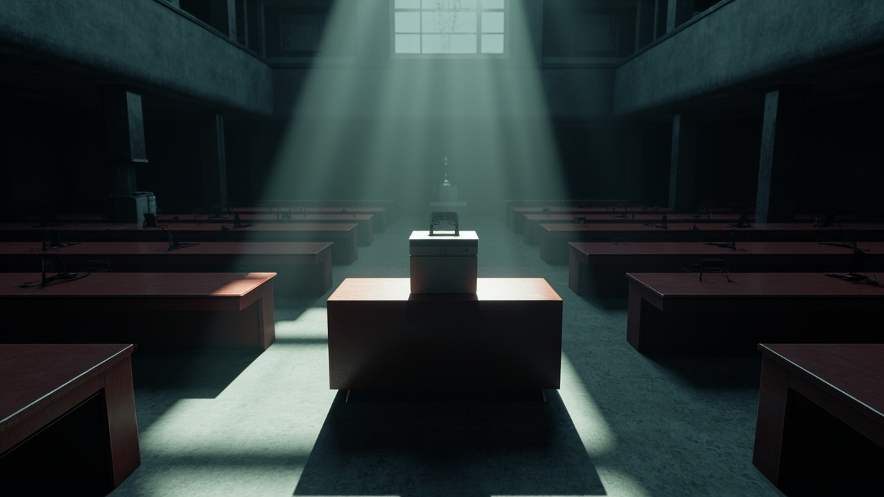 Empty ballot box sits on wooden desk in deserted parliamentary chamber with rows of empty seats behind.