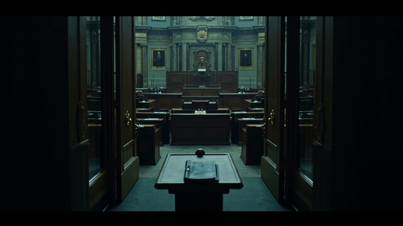 Heavy wooden doors with brass fittings leading into parliamentary chamber, dark wood paneling and formal architectural details