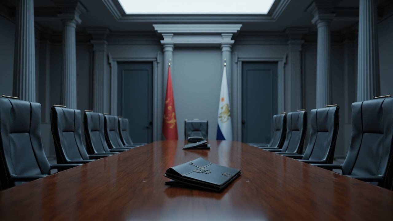 Empty oval conference table with leather chairs and closed document folders in formal government meeting room