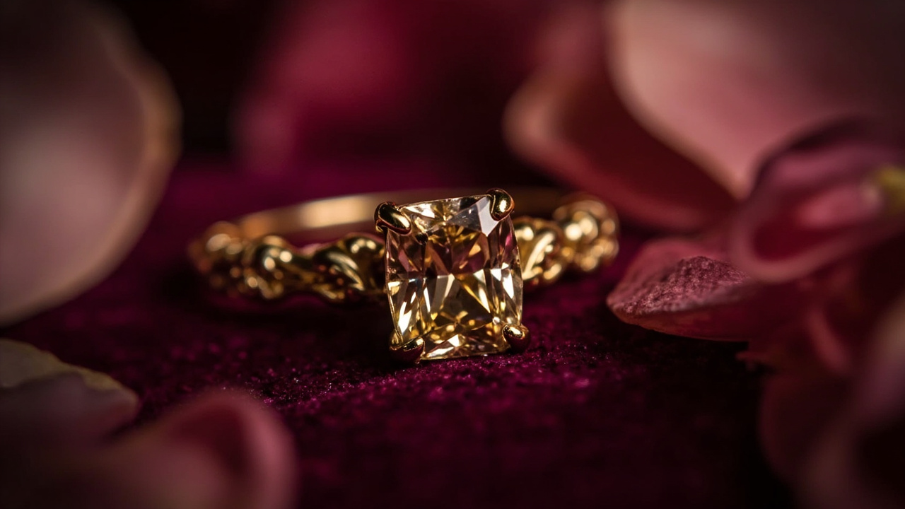 Cushion-cut diamond ring on yellow gold band resting on burgundy velvet cushion with soft lighting