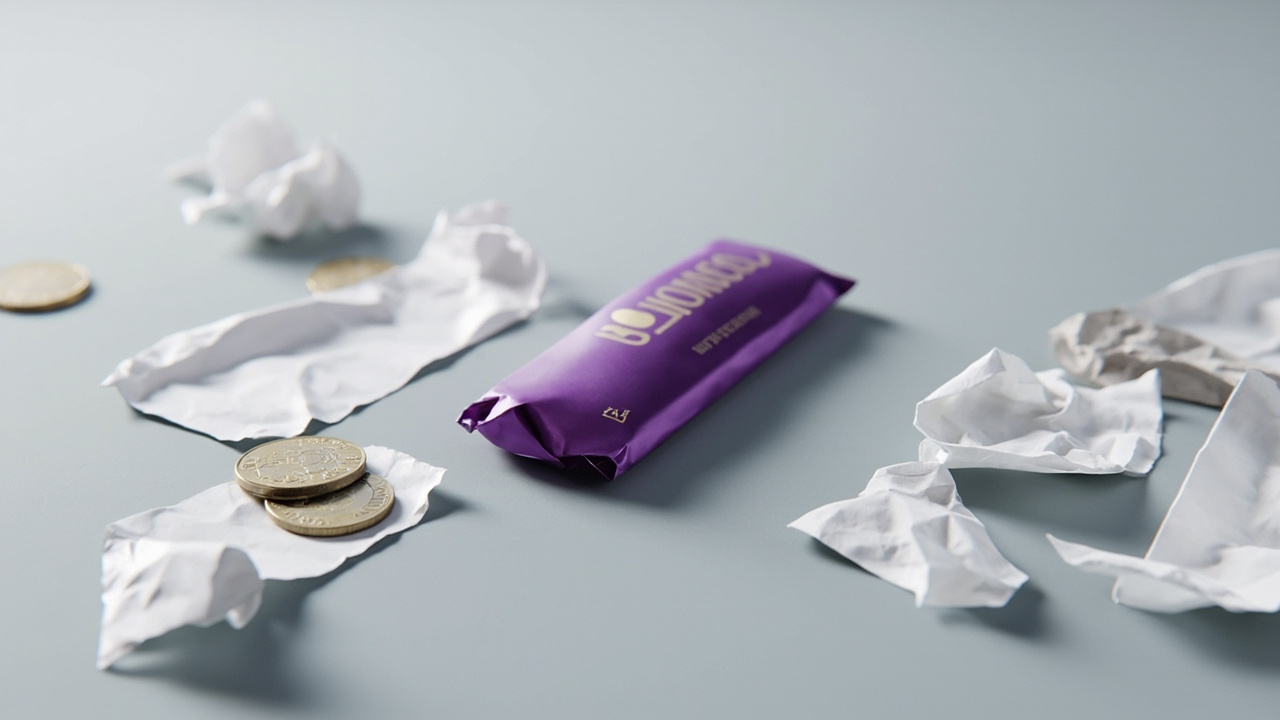 Purple chocolate wrapper lies among scattered euro coins and price tags on neutral surface