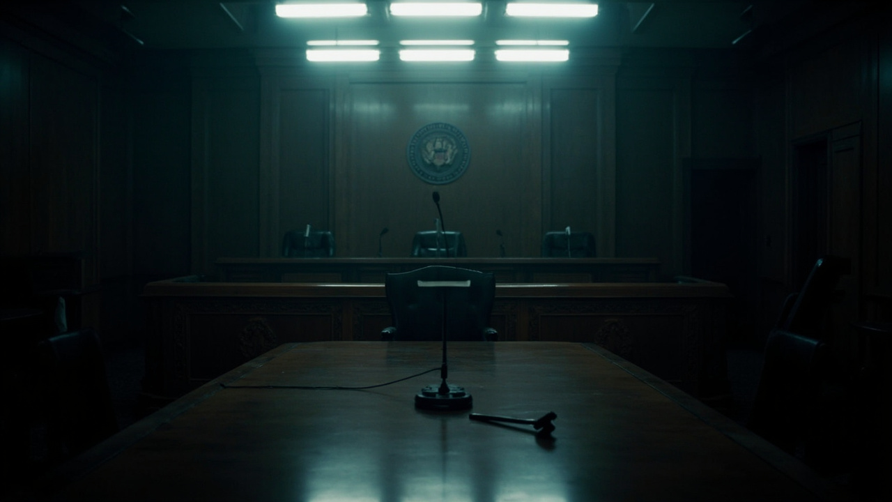 Empty hearing room chair and microphone on wooden table beneath official government seal on wall