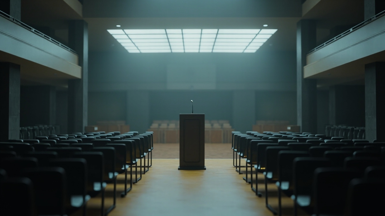 Empty wooden podium with microphone on stage in school hall with rows of chairs