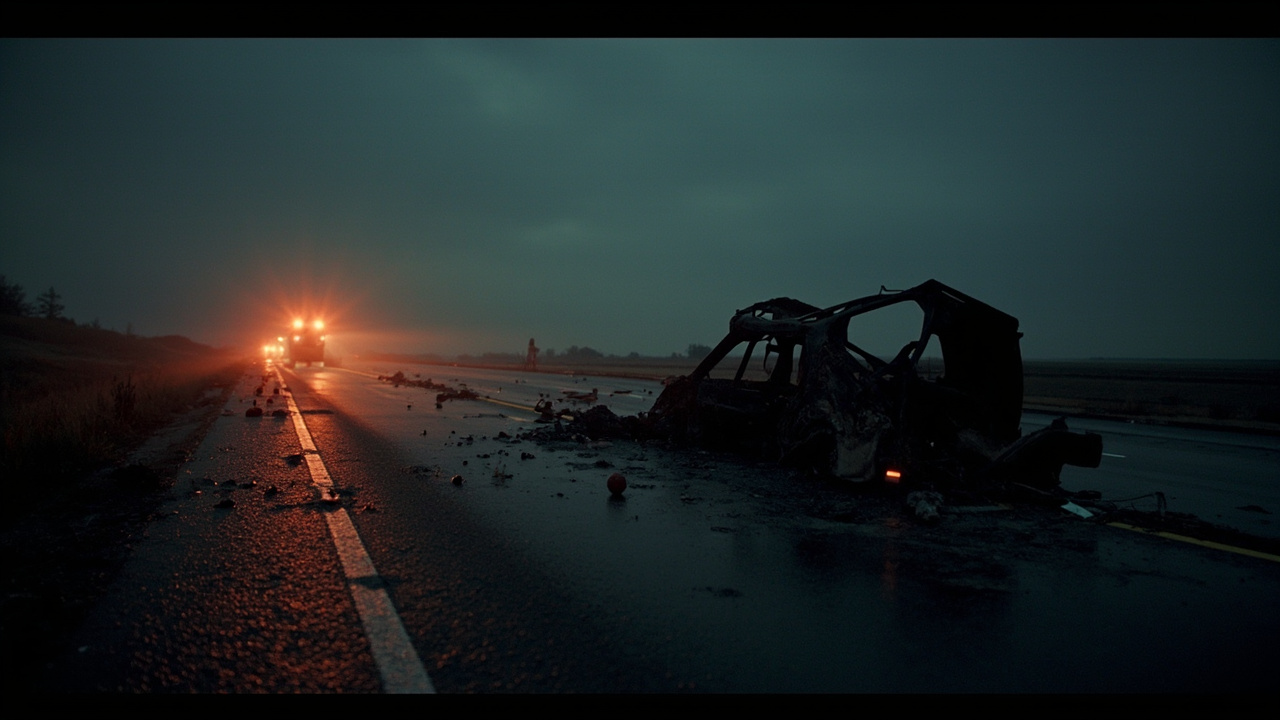 Burned car frame on dark highway with emergency vehicle lights in background at dawn