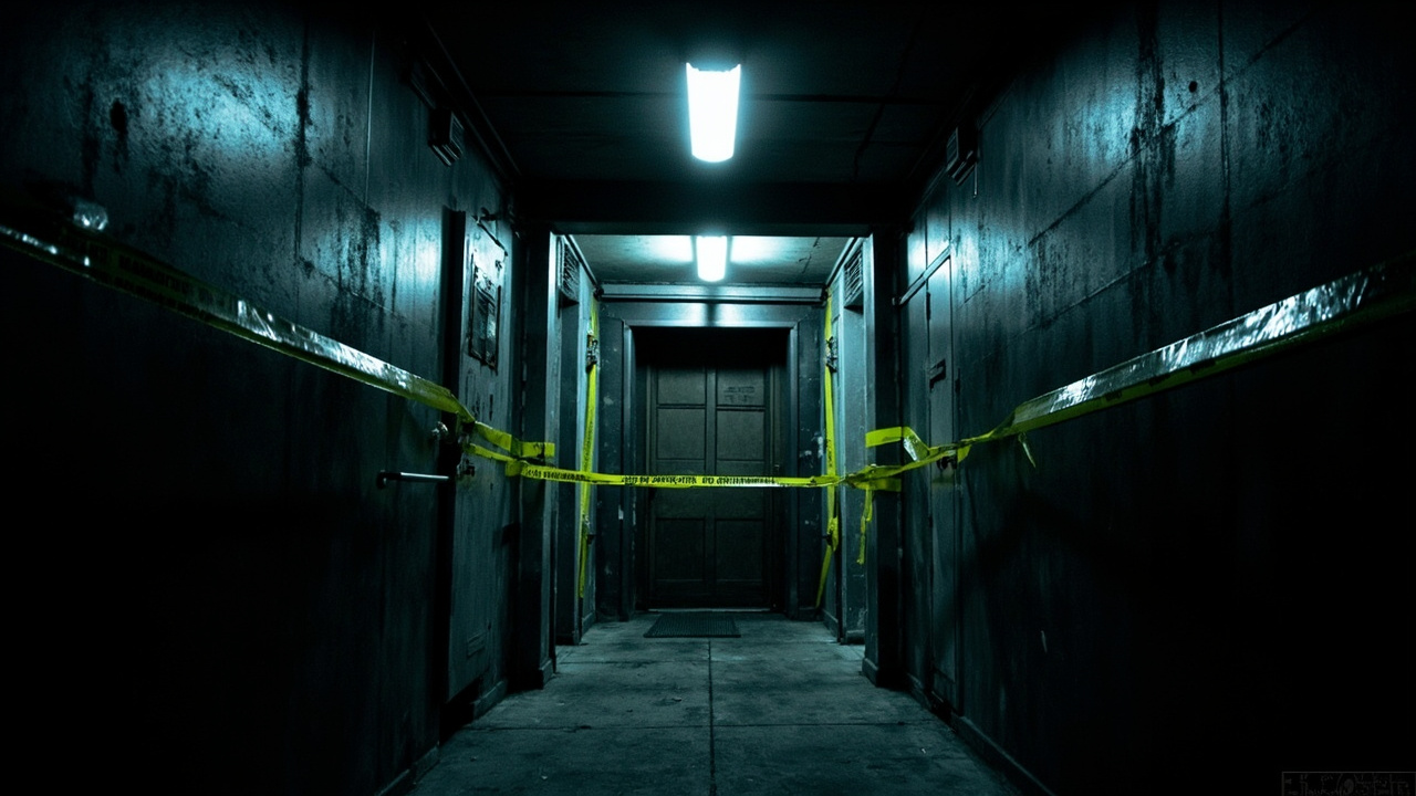 Closed apartment door with yellow police tape across entrance in dimly lit concrete hallway