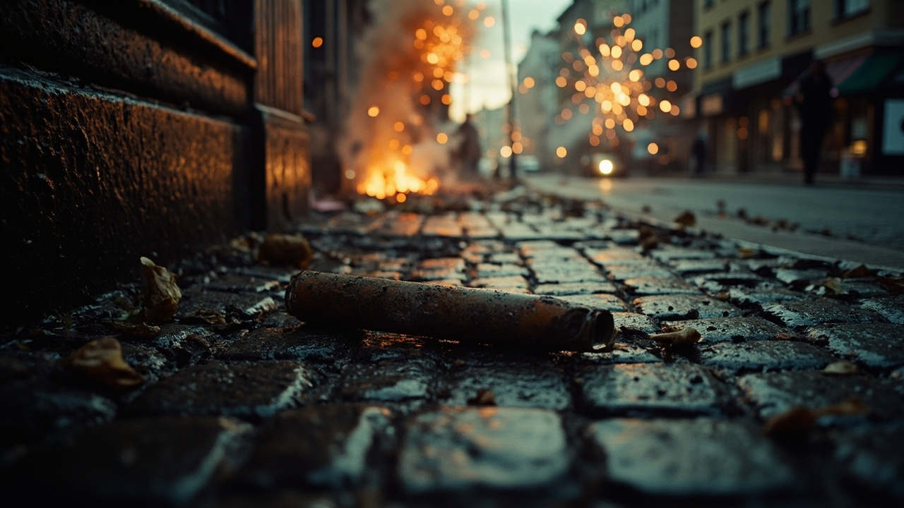 Burnt firework debris and ash scattered across wet cobblestone street at dawn with fading smoke trails