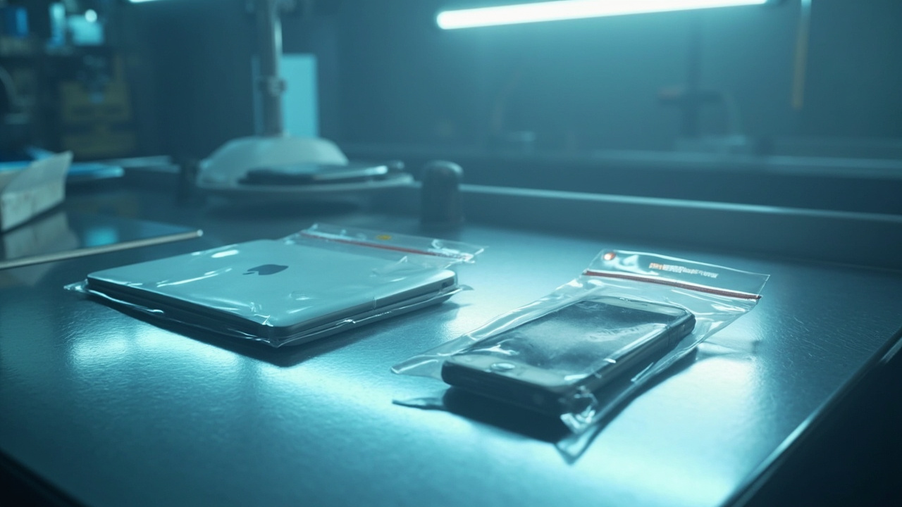 Sealed laptop and phone in evidence bags on metal forensic table under examination lighting