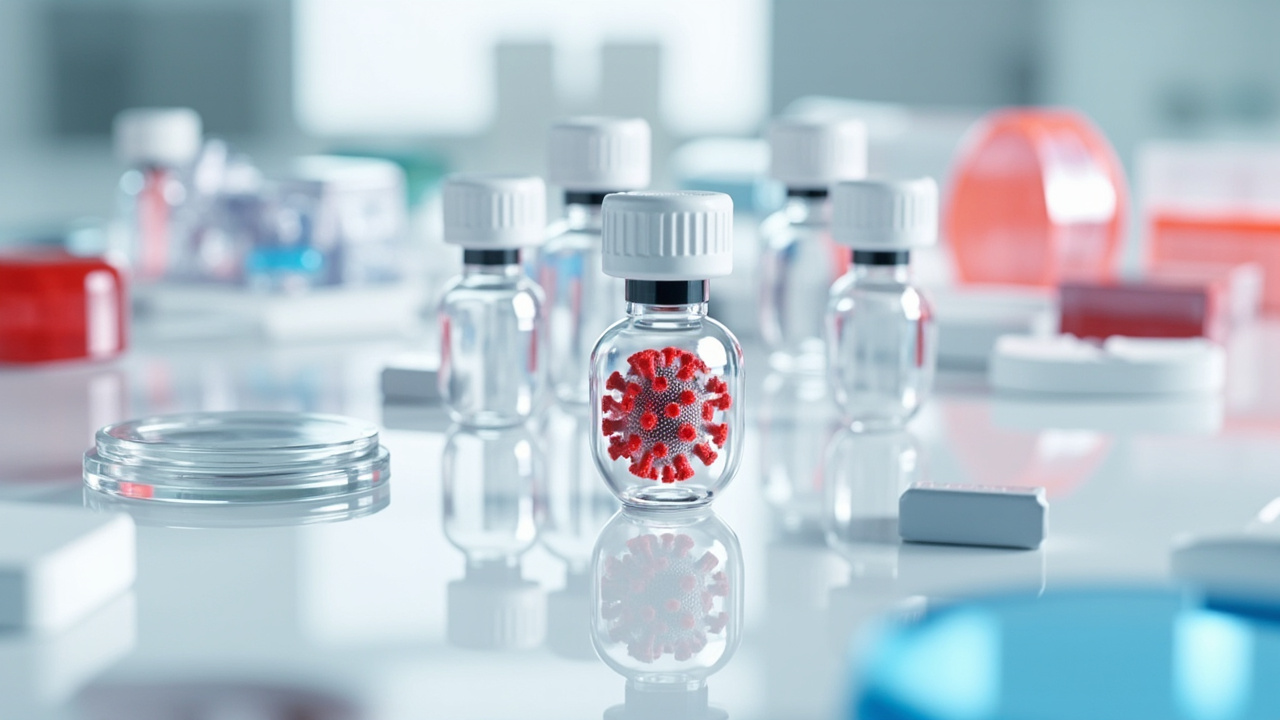 Glass medical vials and laboratory equipment arranged on white sterile surface with red accent lighting