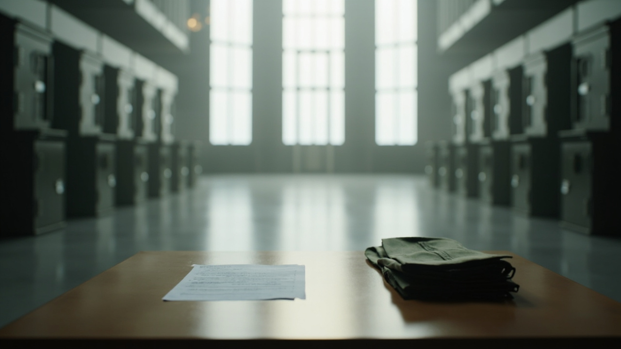 Empty military desk with blank forms and folded uniform in stark barracks interior