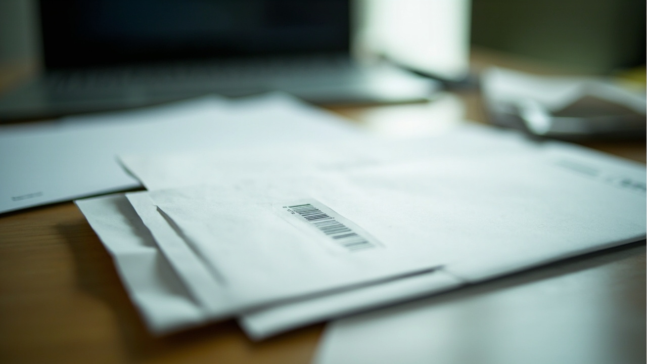 White envelope with QR code and barcode on wooden desk, papers and closed laptop nearby, official administrative setting