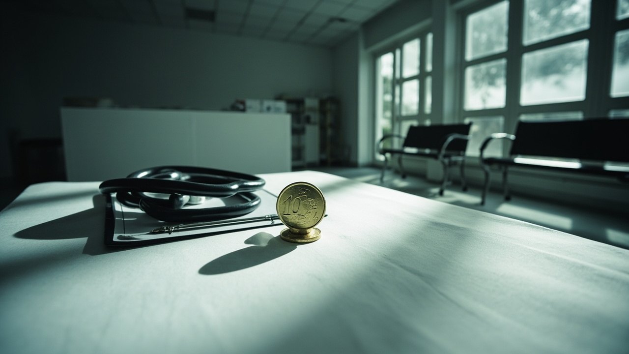 Ten-euro coin on white medical counter in empty clinic waiting area with institutional seating