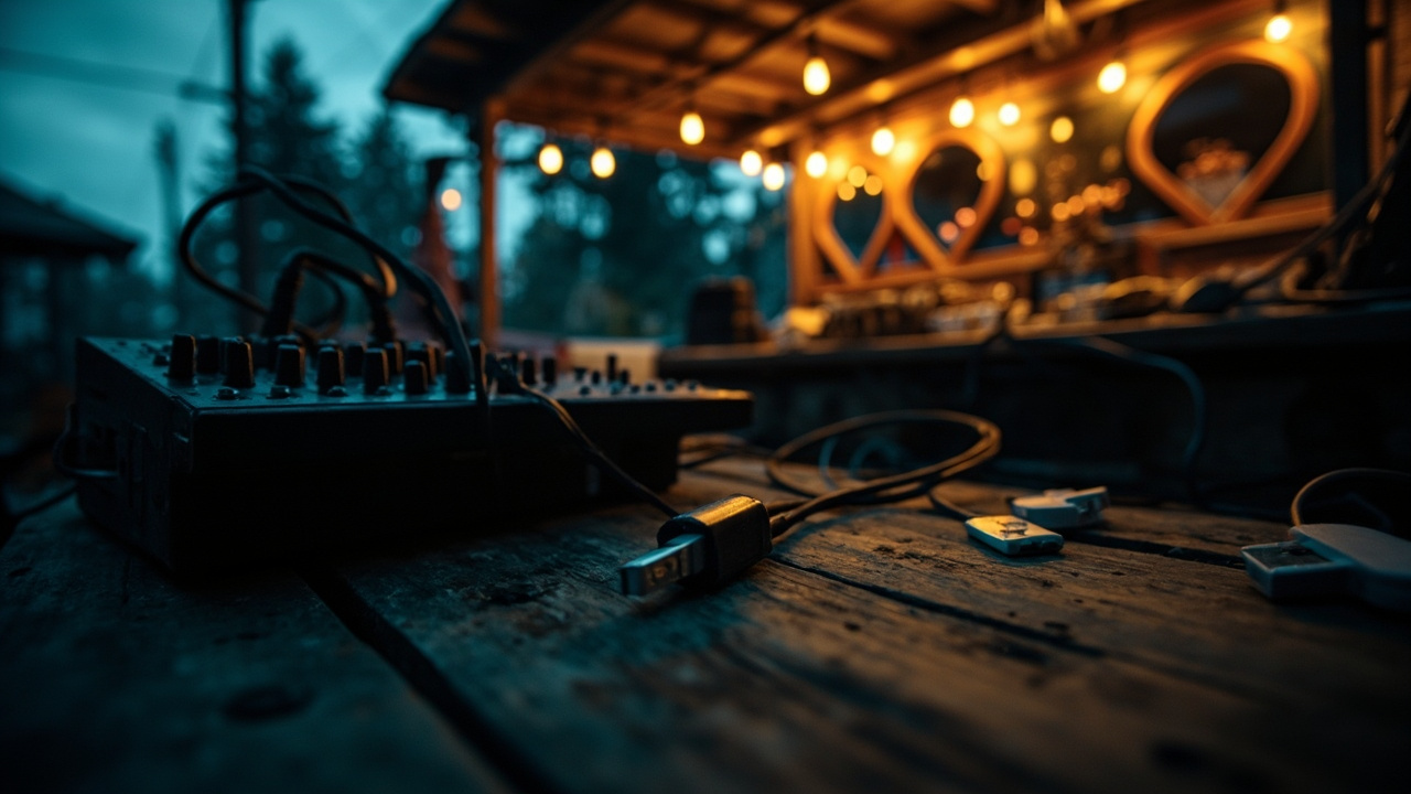 Empty audio equipment and USB sticks on wooden Christmas market stall under string lights