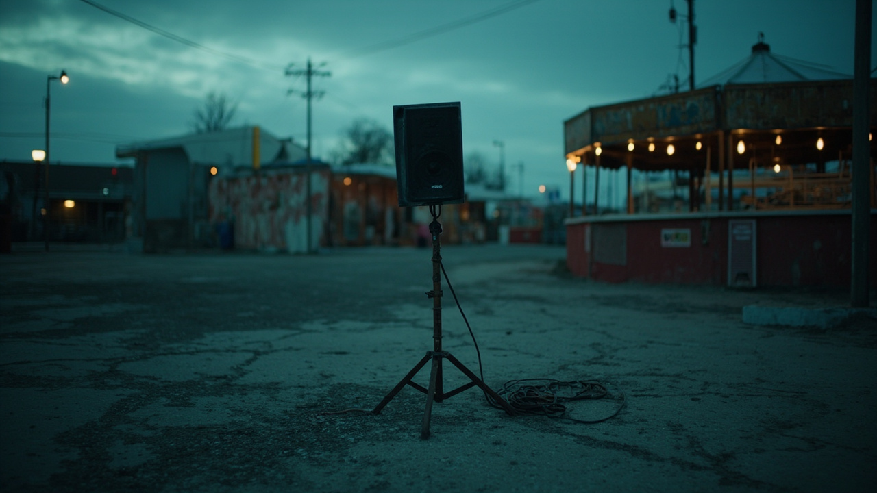 Disconnected PA speaker system stands alone at empty winter market stall in coastal town square at twilight