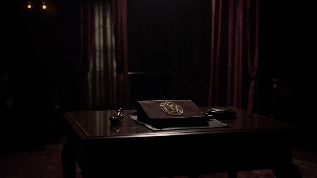 Closed leather document folder with embossed state seal on polished wooden desk, dramatic shadows