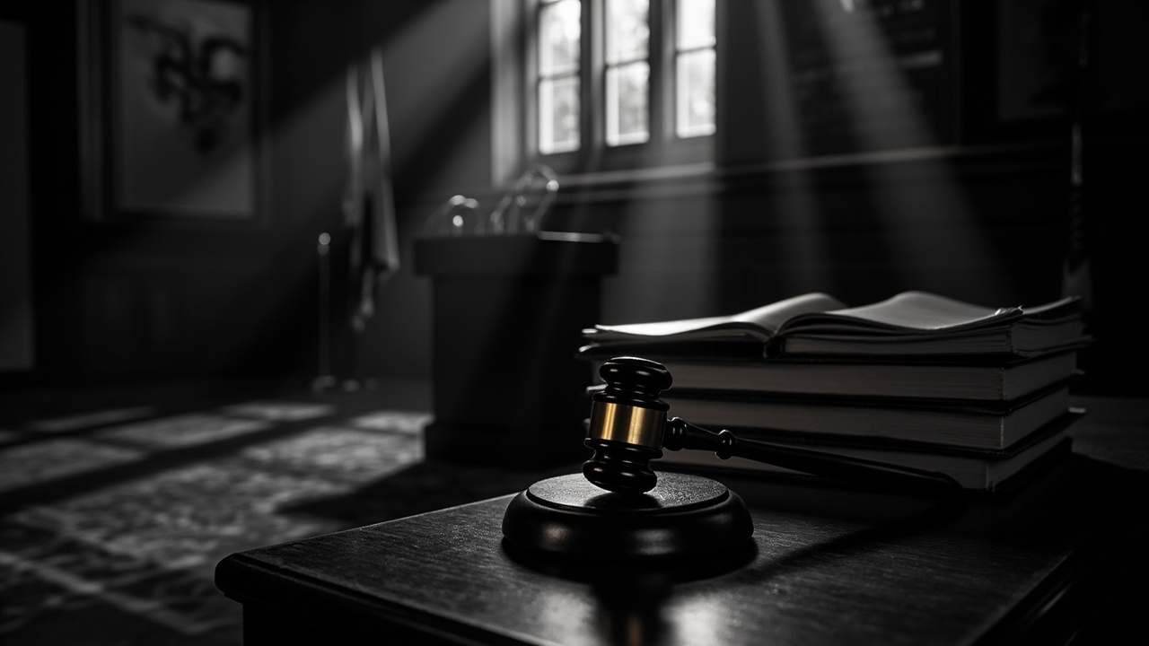 Wooden gavel and legal documents on dark polished desk with national symbols in soft background