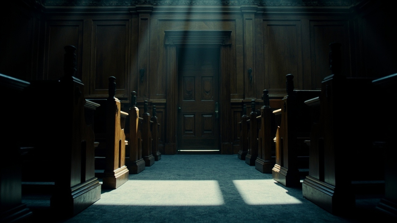 Empty courtroom with closed wooden door and rows of vacant benches under fluorescent lighting