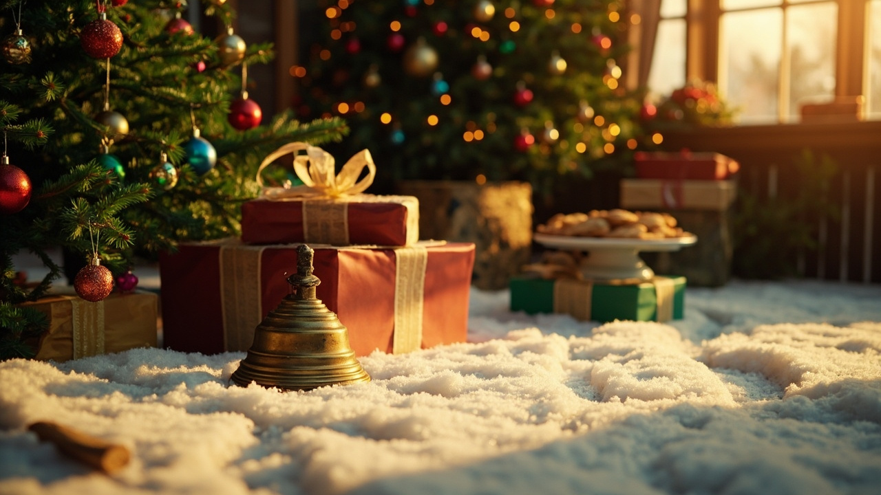 Brass bell in snow beside sled tracks with evergreen garland and holiday ornaments in warmly lit background