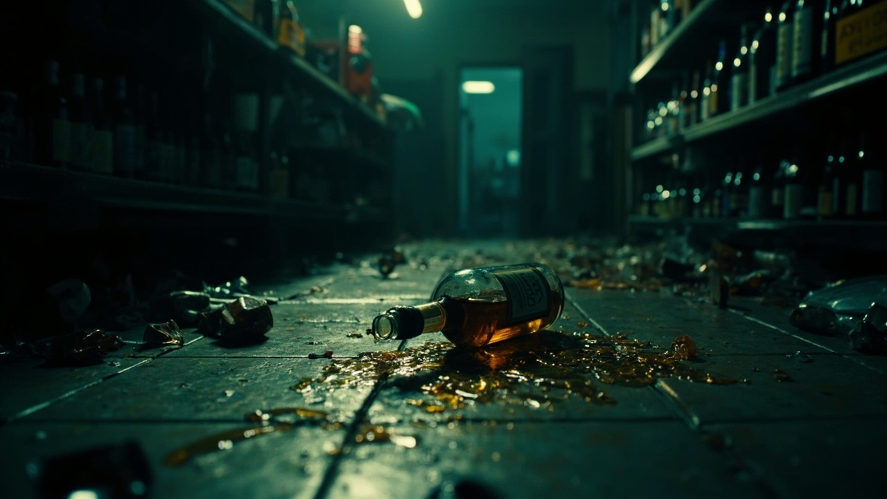 Broken liquor bottles with spilled amber liquid pooling on a dark store floor surrounded by fallen ceiling tiles