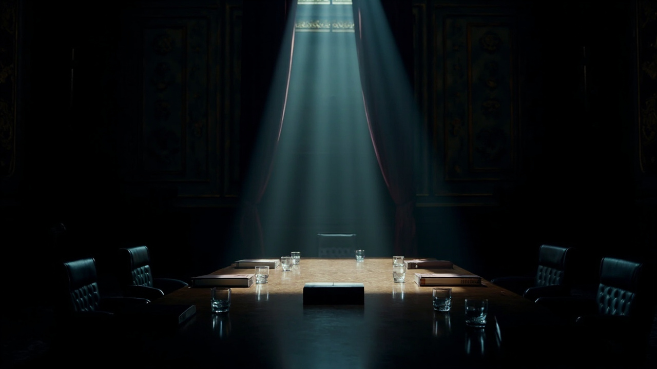 Empty diplomatic conference table with closed folders and glasses in formal meeting room