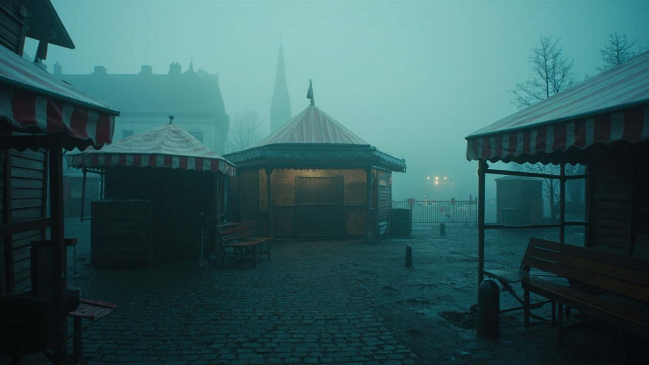 Empty wooden Christmas market stalls with striped awnings on cobblestone square in foggy dawn light