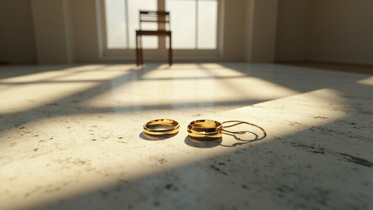 Two gold wedding bands separated on gray stone surface with natural window light creating shadows between them
