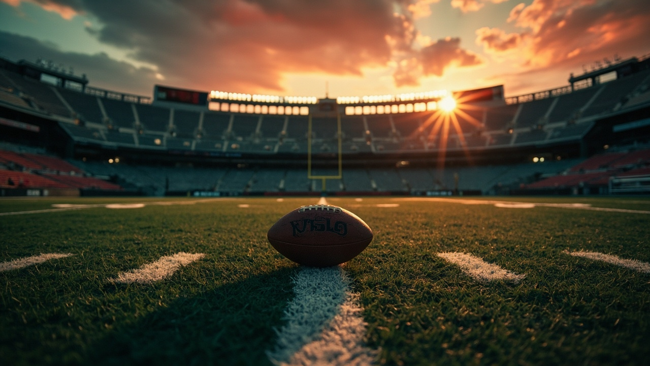 Single football on empty stadium field with stark white yard markings under moody sky