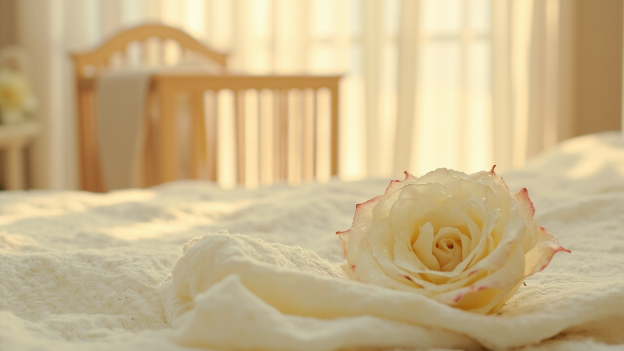Single white rose on folded cream fabric in softly lit nursery corner with wooden furniture