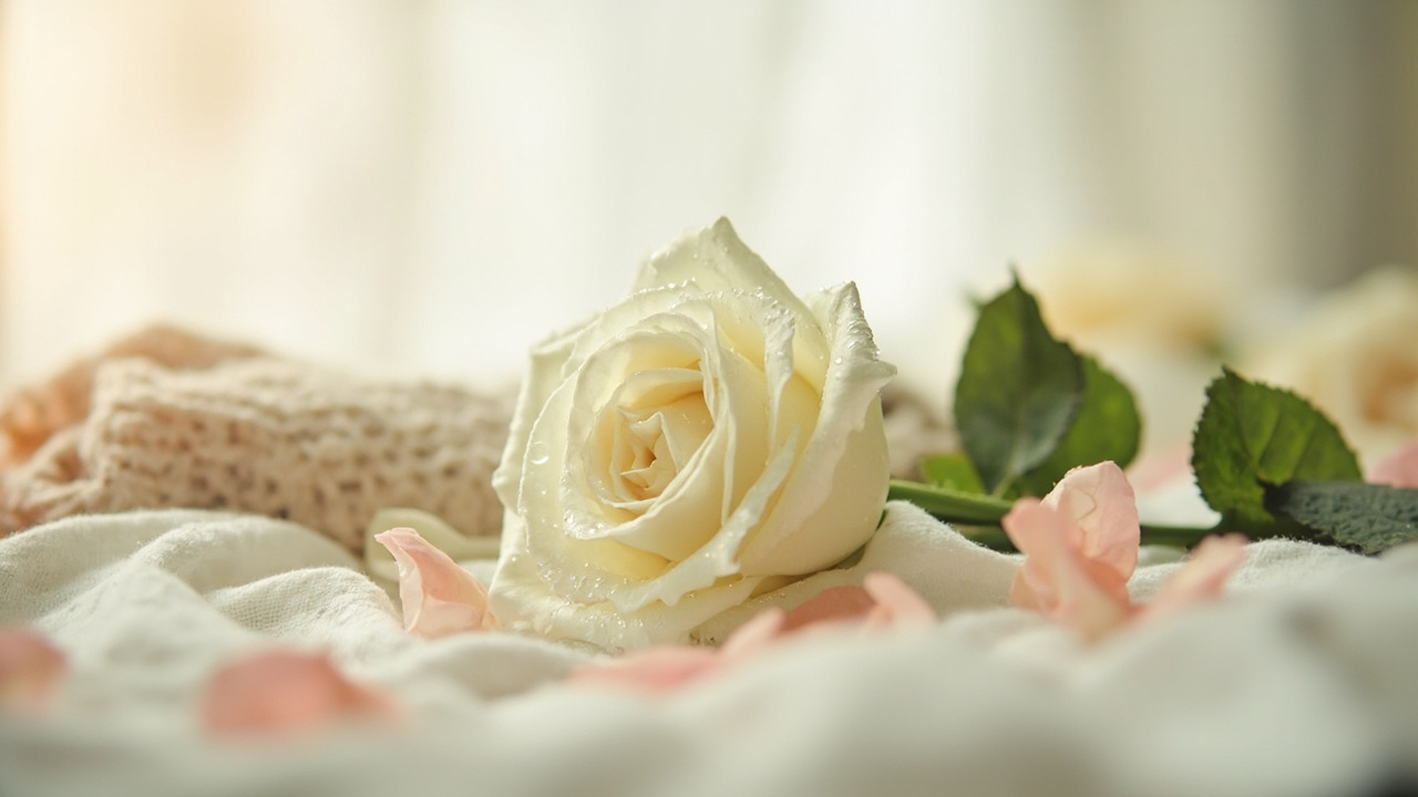 White rose on soft pink baby blanket with gentle natural light and scattered petals on cream fabric