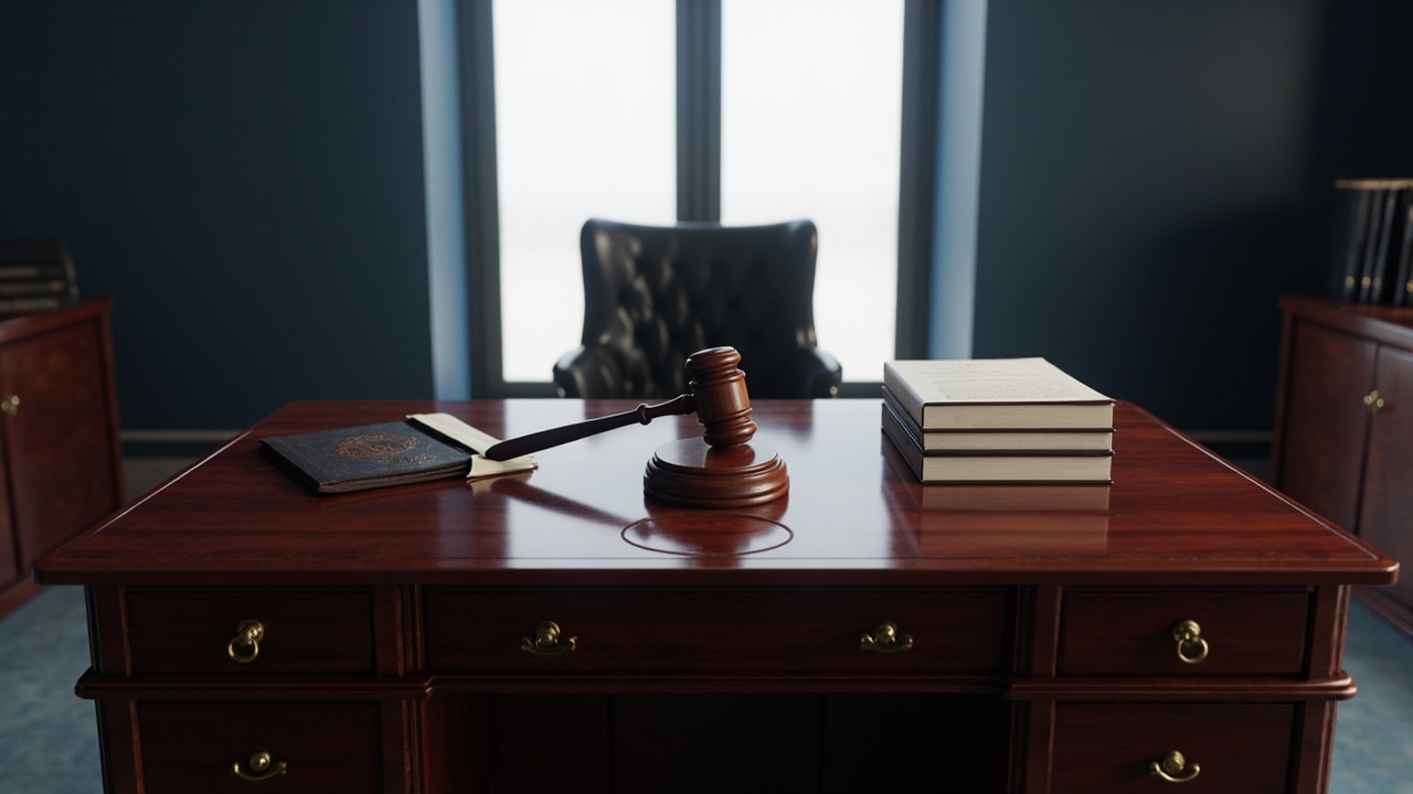 Polished mahogany desk with brass gavel and official government folders in empty office