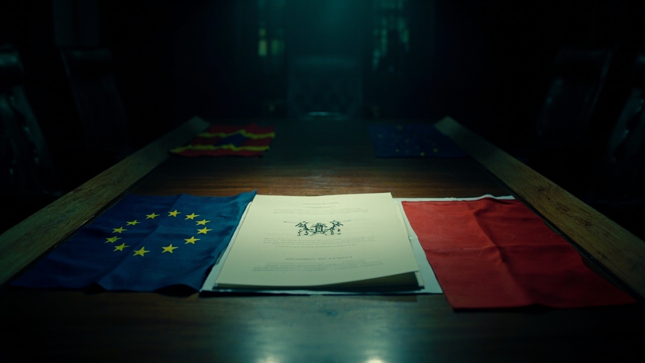 Diplomatic documents and European national flags on dark wooden conference table in empty governmental chamber