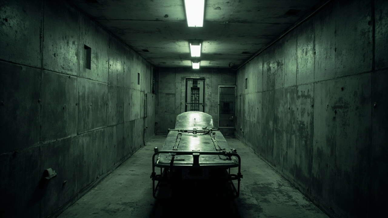 Steel execution gurney with restraint straps in empty institutional room under harsh fluorescent lighting
