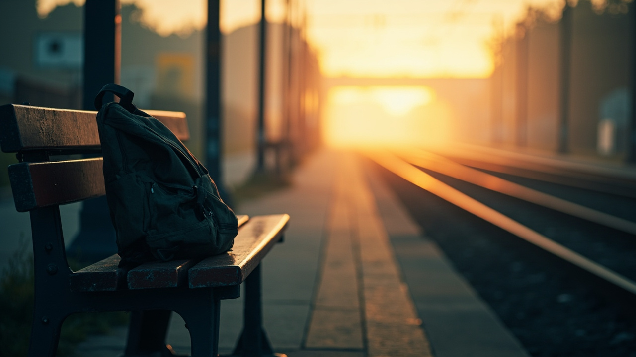 School backpack sits alone on train station bench at dawn with empty platform and tracks stretching into distance