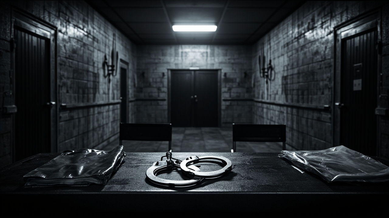 Steel handcuffs on metal table in sparse interrogation room with concrete walls and harsh overhead lighting